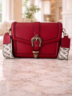 Cavalli Class Red Leather Crossbody with Patterned Strap